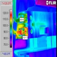 240V 110A breaker feeds LAN rooms.<br> Load Reading A=65 B=95 N=84<br> B phase exceeds 80% ampacity and temperature exceeds breaker rating. - a thermal infrared image generated by a FLIR Infrared Camera